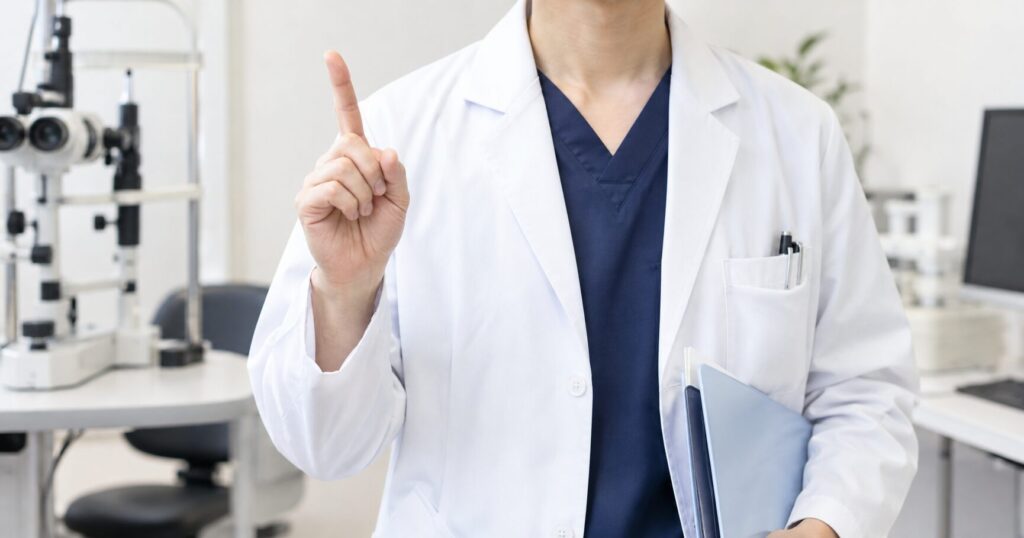 人差し指を立てる眼科医