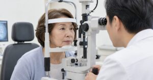 眼科で検査を受ける高齢女性