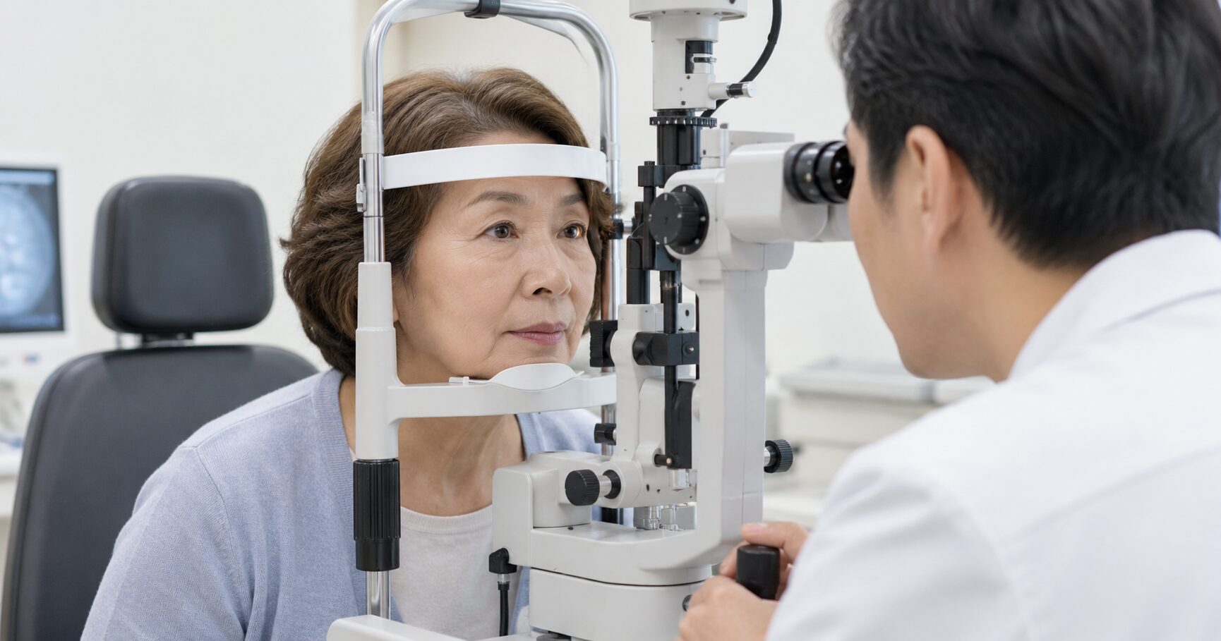 眼科で検査を受ける高齢女性