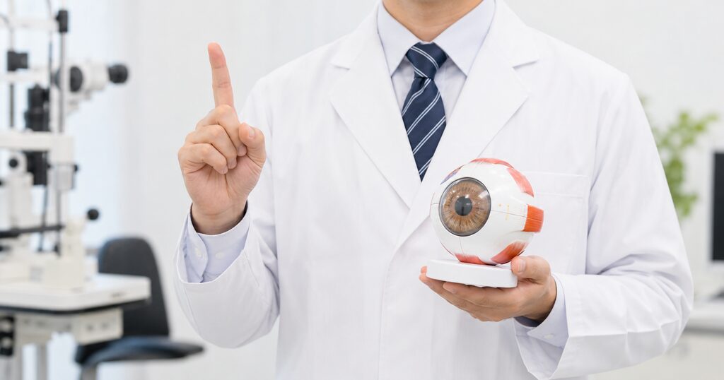 目の模型を持った眼科医
