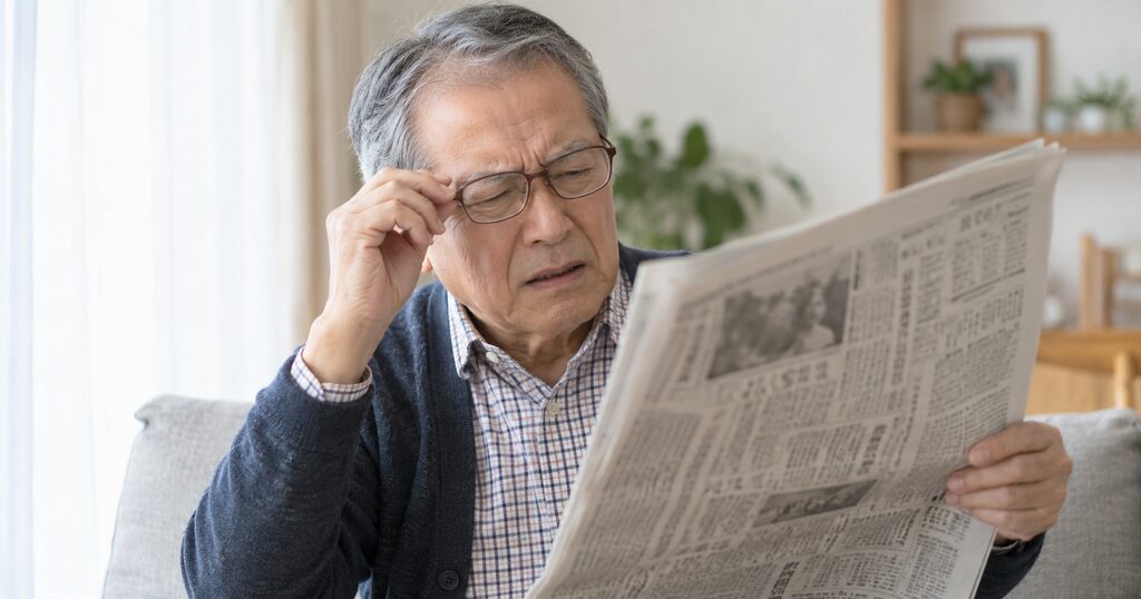 メガネをかけているものの新聞が読みにくそうな白内障の高齢男性