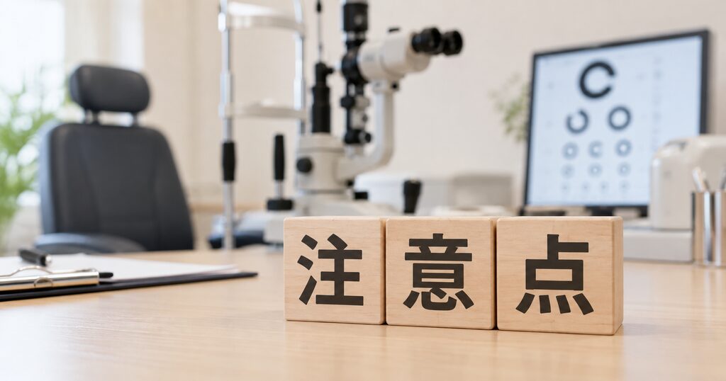 眼科をイメージした背景と「注意点」と書かれた木製ブロック