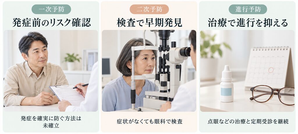 緑内障の3段階の予防法をイメージした画像