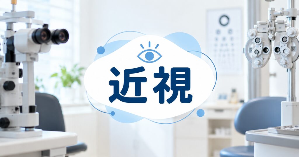 眼科の背景の中央に目のイラストと「近視」の文字