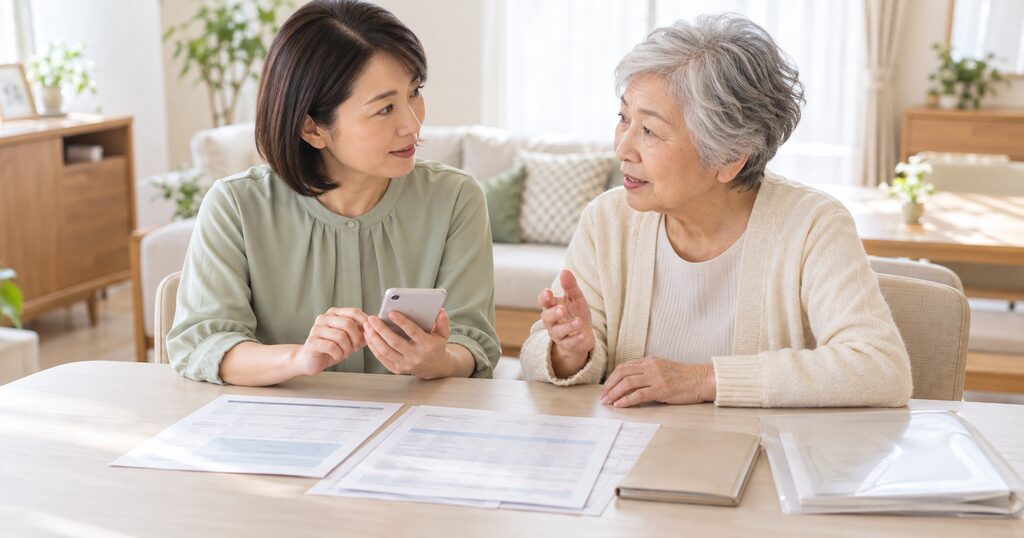 緑内障予防について話している母と娘