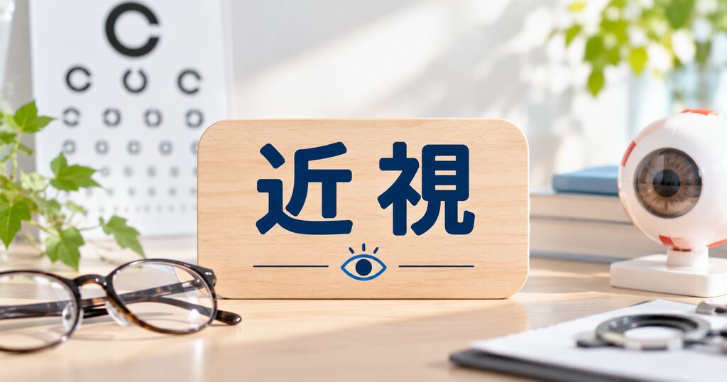眼科イメージの背景と近視と書かれた板