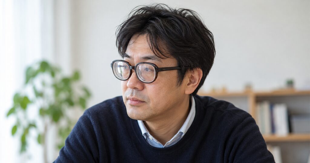 度の強いメガネをかけた中年男性