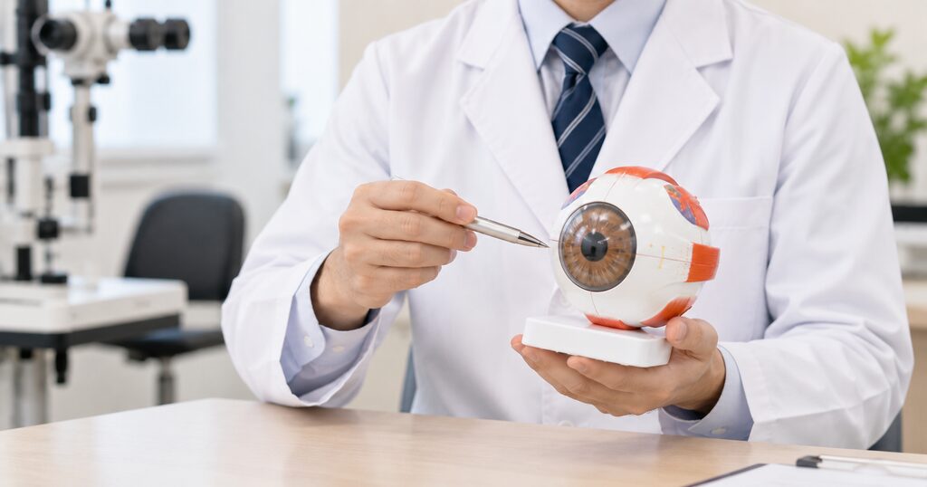 目の模型を持った眼科医