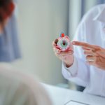 目の模型を持って患者に説明する眼科医