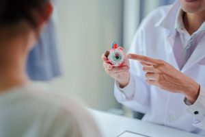 目の模型を持って患者に説明する眼科医