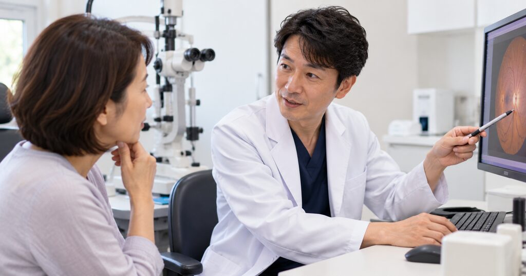 眼科で目についての説明を受ける高齢女性