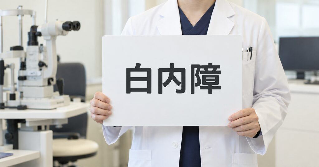白内障と書かれた紙を持った眼科医