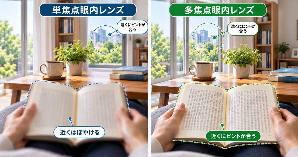 単焦点眼内レンズと多焦点眼内レンズの見え方のイメージ画像